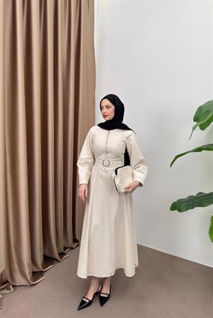 Çizgili Gabardin elbise-ekru