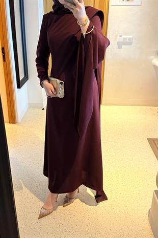 Tesettür Şal detaylı volan elbise  -bordo- vakronline