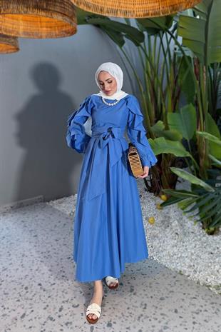 Yare kolları kıvrımlı elbise-bebe mavisi - vakronline