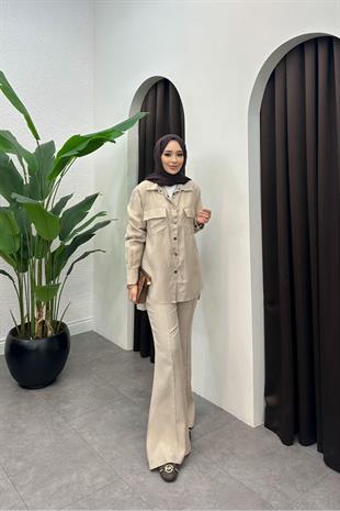 Paria pantolonlu tensel takım-bej