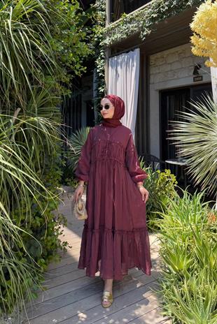 Tesettür Brice Özel Seri Bağlamalı Elbise-bordo