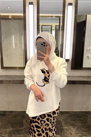 Leopar Saten Etekli Takım-Ekru