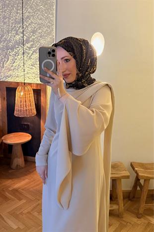 Şal detaylı volan elbise-bej - vakronline