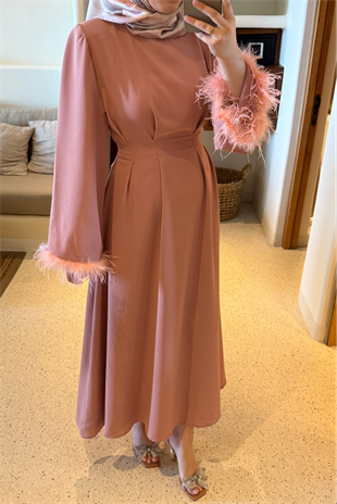 Kolları tüylü i̇thal elbise-toz pembe - vakronline