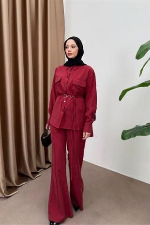 Paria pantolonlu tensel takım-bordo 