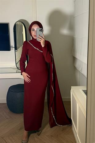 Milena Taşlı Premium Elbise-Bordo(ÖN SİPARİŞ)