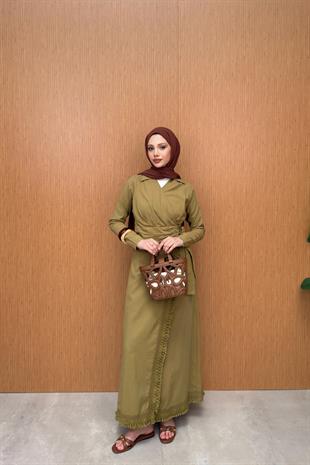 Tesettür V Yaka Bağlamalı Keten Elbise - Yeşil