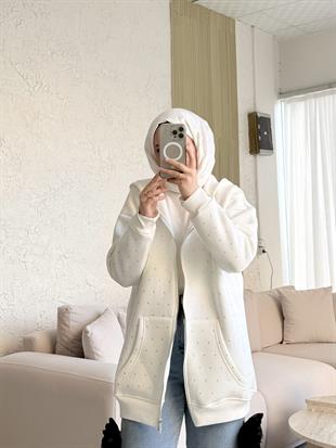 Zra model full taşlı kapüşonlu sweat-beyaz - vakronline