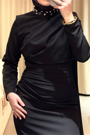 Mariana taşlı özel seri elbise -siyah  - Vakronline