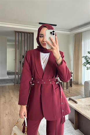 Premium çift kemer detaylı ceket takım - bordo - vakronline