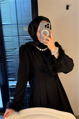 Kolları tüylü i̇thal elbise-siyah - vakronline