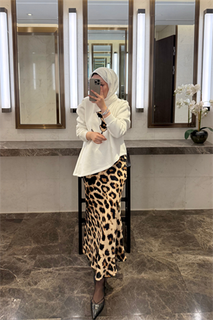 Leopar Saten Etekli Takım-Ekru