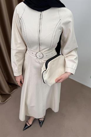 Çizgili Gabardin elbise-ekru