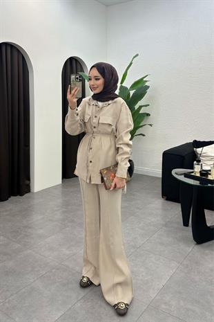 Paria pantolonlu tensel takım-bej