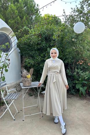 Oysh kumaş etekli takım-bej - vakronline