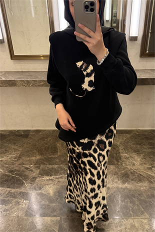 Leopar Saten Etekli Takım-Siyah