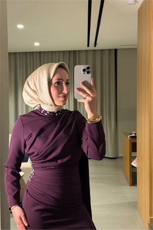 Mariana taşlı özel seri elbise  -burgonya  - Vakronline