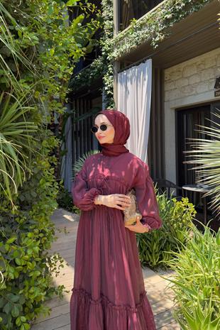 Tesettür Brice Özel Seri Bağlamalı Elbise-bordo