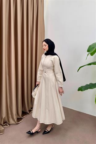 Çizgili Gabardin elbise-ekru