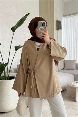 Keten yandan bağlamalı kimono-bej - vakronline