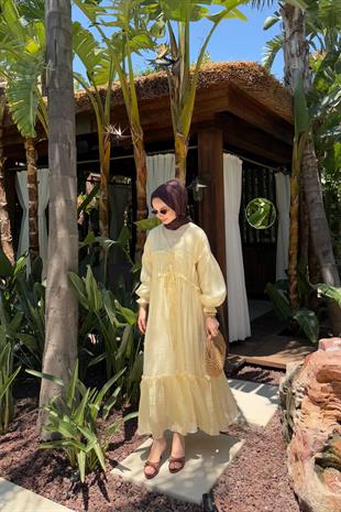 Tesettür Brice Özel Seri Bağlamalı Elbise-yellow