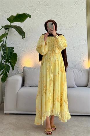Senra Asimetrik Kesim Elbise - SARI