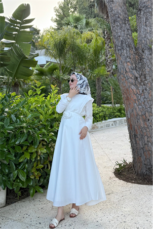 Gül kemerli elbise-beyaz - Vakronline