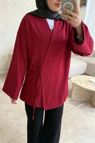 Keten yandan bağlamalı kimono-bordo - vakronline