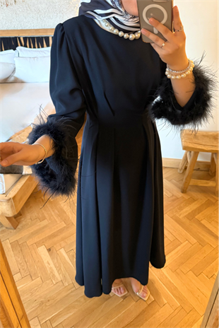 Kolları tüylü ithal elbise-lacivert - vakronline