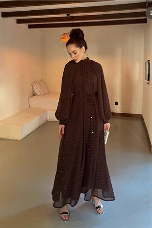 Glamour taşlı elbise-kahve - vakronline