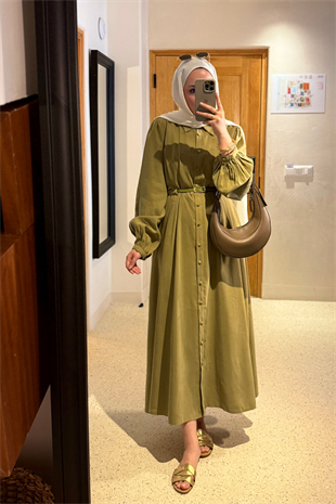 Premium kemerli elbise olive - Vakronline