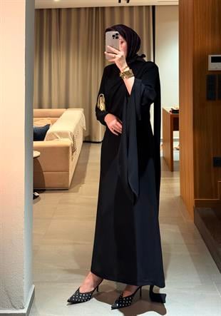 Şal detaylı volan elbise-siyah  vakronline