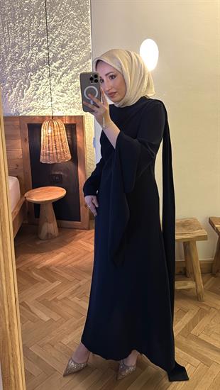 Tesettür Şal detaylı volan elbise -lacivert(ön sipariş)- vakronlin