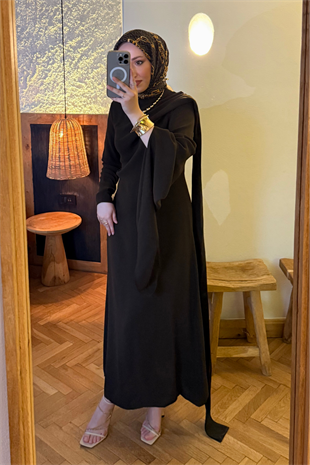 Şal detaylı volan elbise -acı kahve (ön sipariş) vakronline - Vakronline