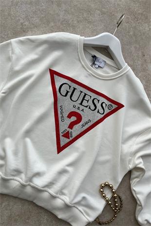 Ges full taşlı sweat-beyaz kırmızı - vakronline