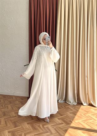 Taşli beyaz şi̇fon abaya elbi̇se - vakronline