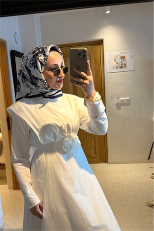 Gül kemerli elbise-beyaz - Vakronline