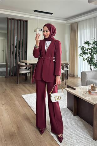 Premium çift kemer detaylı ceket takım - bordo - vakronline