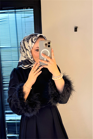 Kolları tüylü ithal elbise-lacivert - vakronline