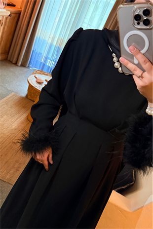 Kolları tüylü i̇thal elbise-siyah - vakronline