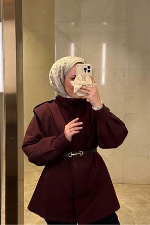 Kemerli apoletli patlı trençkot-bordo - vakronline