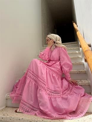 Dantel Detaylı Elbise-pembe