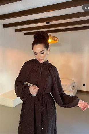 Glamour taşlı elbise-kahve - vakronline