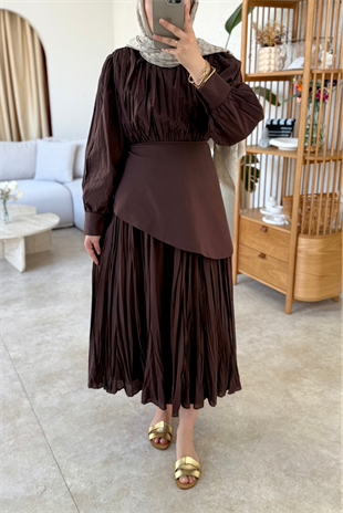 Monna vual kraşlı elbise kahve - Vakronline