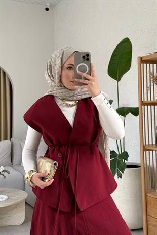 Lavinya keten etekli takım-bordo - vakronline