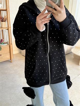 Zra model full taşlı kapüşonlu sweat-siyah - vakronline