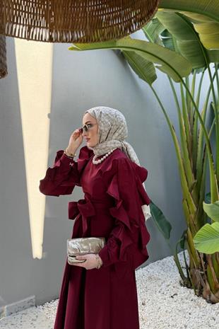 Yare kolları kıvrımlı elbise-bordo - vakronline