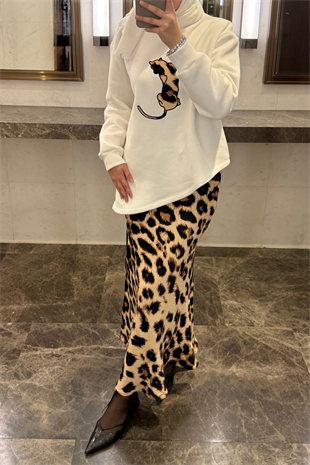 Leopar Saten Etekli Takım-Ekru