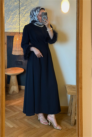 Kolları tüylü ithal elbise-lacivert - vakronline