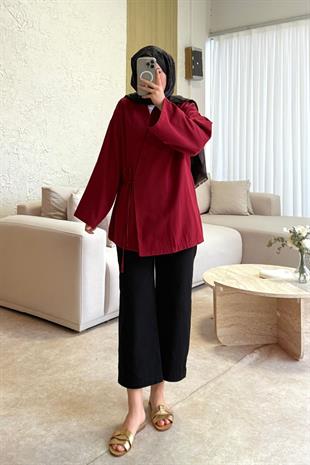 Keten yandan bağlamalı kimono-bordo - vakronline